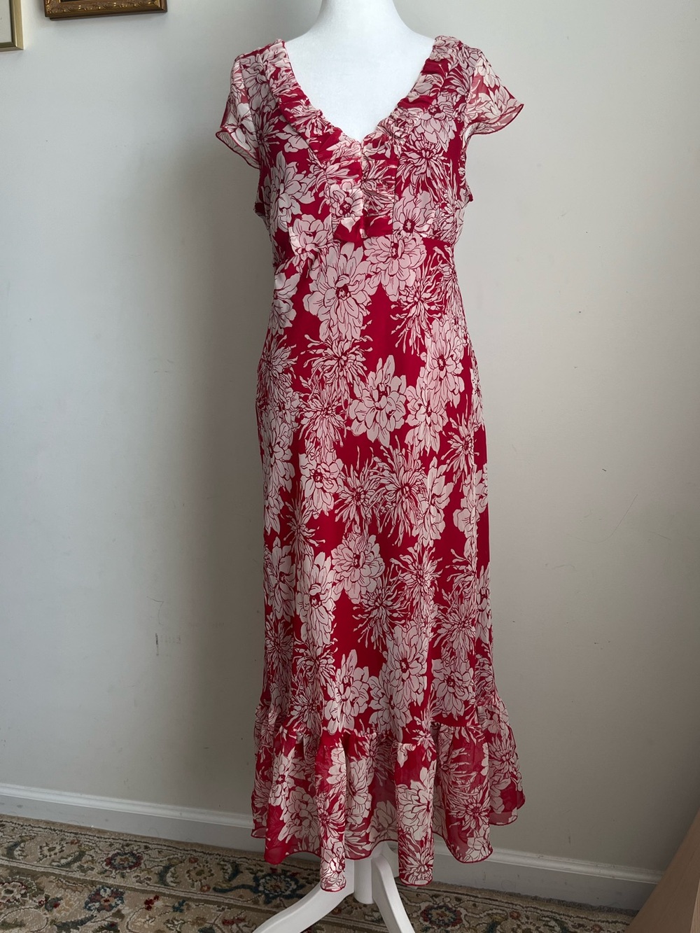 Jonathan M Red Floral Ruffle V-Neck Maxi Dress Sz 10 Bias Cut Vintage Tie Back